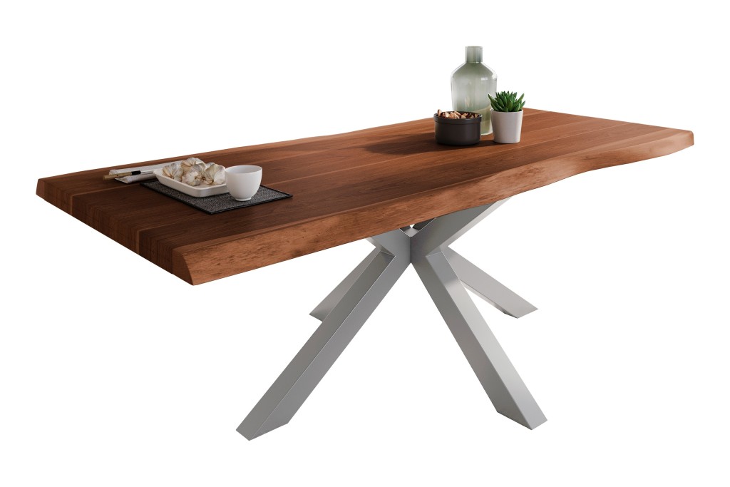 Esstisch Baumkante massiv Akazie Nussbaum 220 x 110 Spider-Gestell silber ATLAS