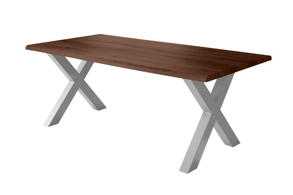 Esstisch Baumkante Holz-Optik Nussbaum 200 x 100 X-Gestell silber JULIUS