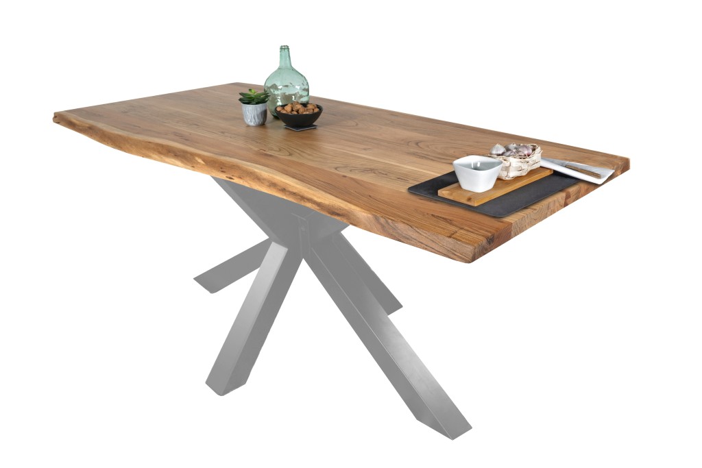 Esstisch Baumkante massiv Akazie Natur 120 x 80 Spider-Gestell silber TIM