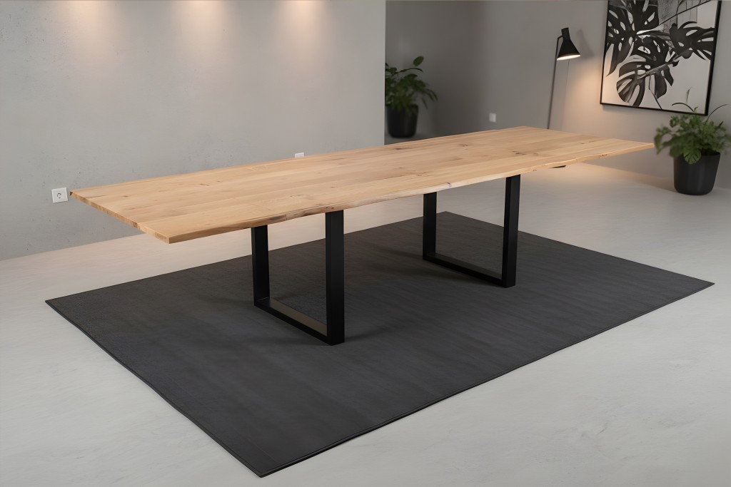 Esstisch Baumkante massiv Eiche 160(260)x90 Ansteckplatten U-Gestell schwarz SESSA