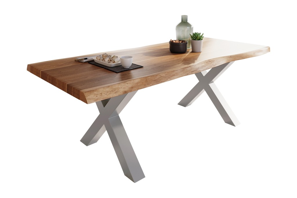 Esstisch Baumkante massiv Akazie Natur 220 x 110 X-Gestell silber ATLAS