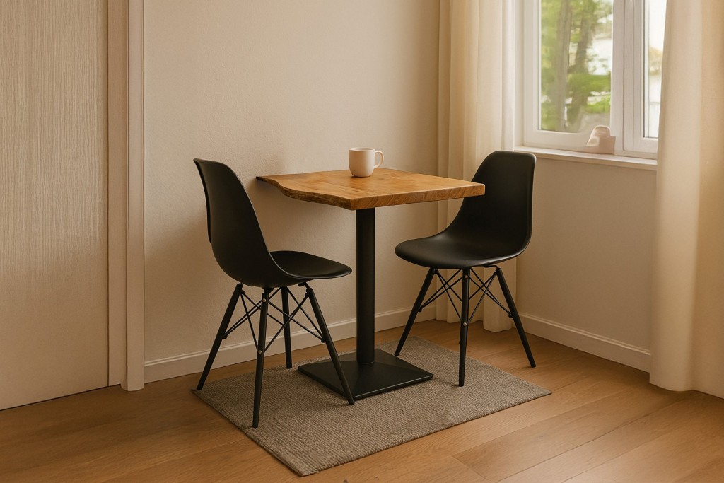 Essgruppe Bistrotisch Baumkante massiv 60 x 60 cm Akazie natur schwarz Säulengestell INES