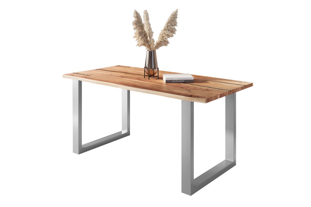Baumkantentisch Akazie mit schwarzen Resin-Adern naturfarben 160 x 85 cm U-Gestell silber POLLY