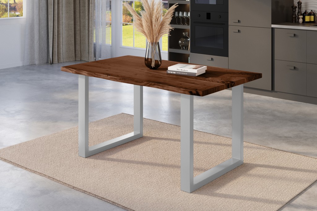 Esstisch Baumkante massiv Akazie nussbaum 140 x 80 U-Gestell silber NICK