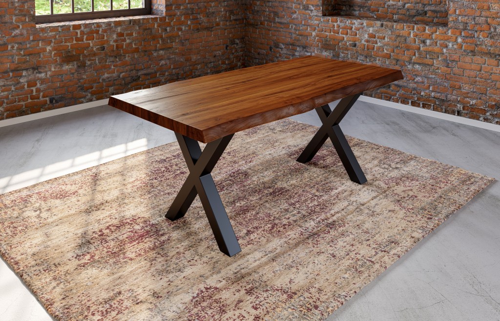 Esstisch Baumkante massiv Akazie nussbaumfarben 240 x 100 schwarz X-Gestell XEREZ