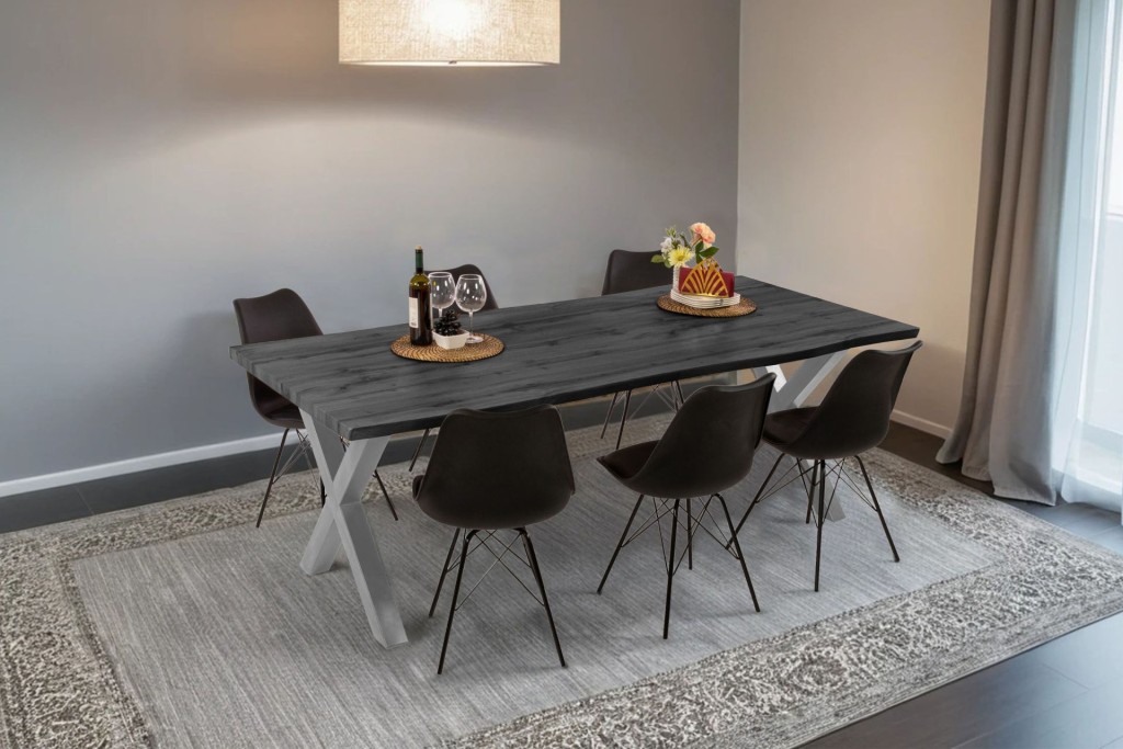 Esstisch Baumkante Holz-Optik Grau 240 x 100 X-Gestell silber JOSY