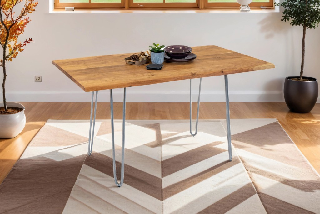 Esstisch Baumkante massiv Akazie natur 120 Hairpin-Gestell silber HANNAH
