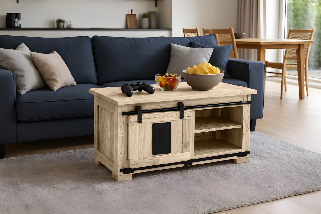 Couchtisch mit 2 Schiebetüren und 4 Fächern Akazie massiv 110 x 45 x 70 cm eiche LIBRO