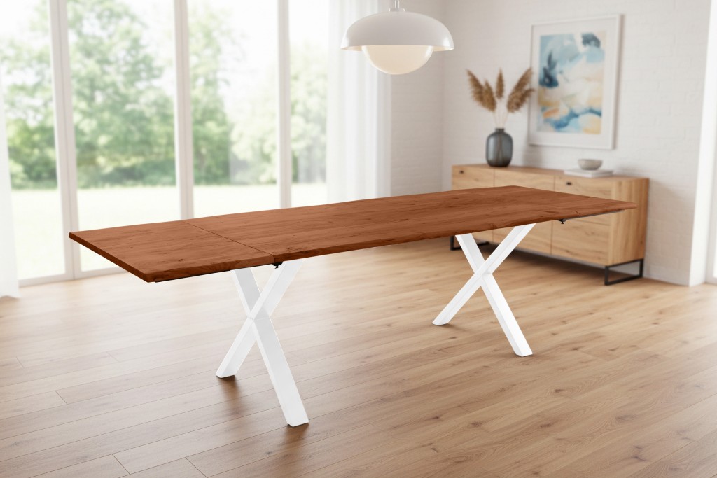 Esstisch Baumkante Akazie nuss 180(280)x90 Ansteckplatten X-Gestell weiß AVINO