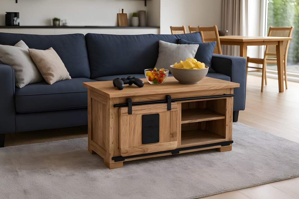 Couchtisch mit 2 Schiebetüren und 4 Fächern Akazie massiv 110 x 45 x 50 cm natur LIBRO