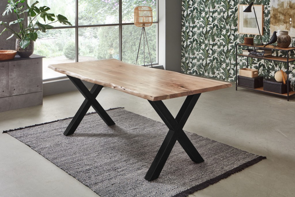 Esstisch Baumkante Akazie naturfarben 180 x 90 cm X-Gestell schwarz FREDERIK