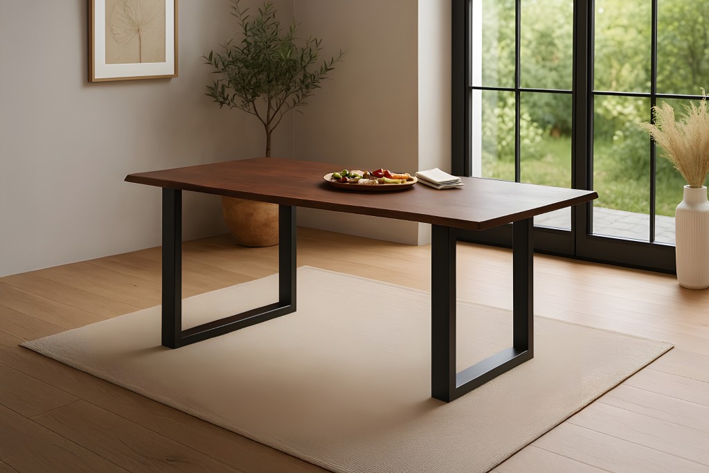 Esstisch Baumkante massiv Akazie kastanienfarben 160 x 85 cm U-Gestell schwarz Roxana