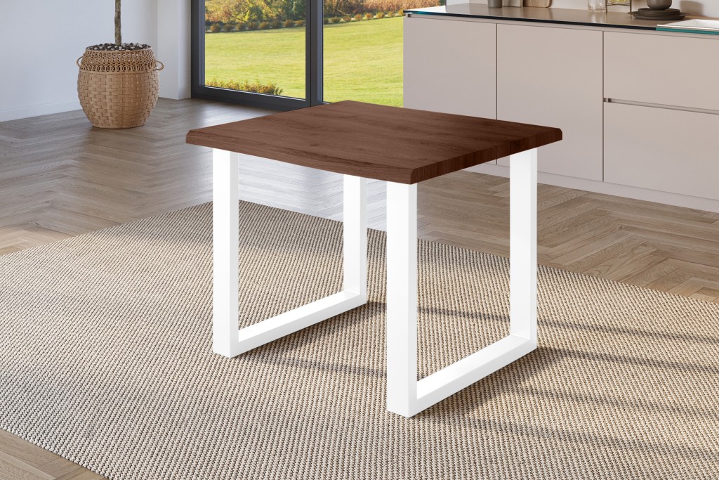 Esstisch Baumkante Holz-Optik Nussbaum 80 x 80 U-Gestell weiß JULIUS