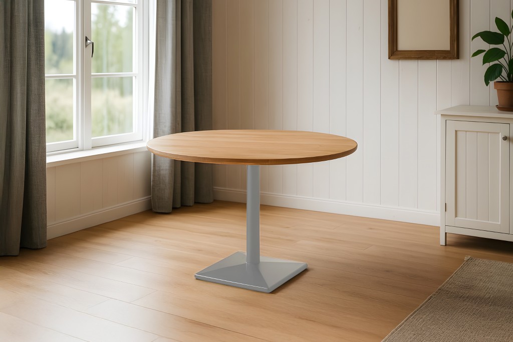 Bistrotisch Schweizer Kante massiv Akazie naturfarben 120 cm Säulengestell-eckig silber BRASILIA