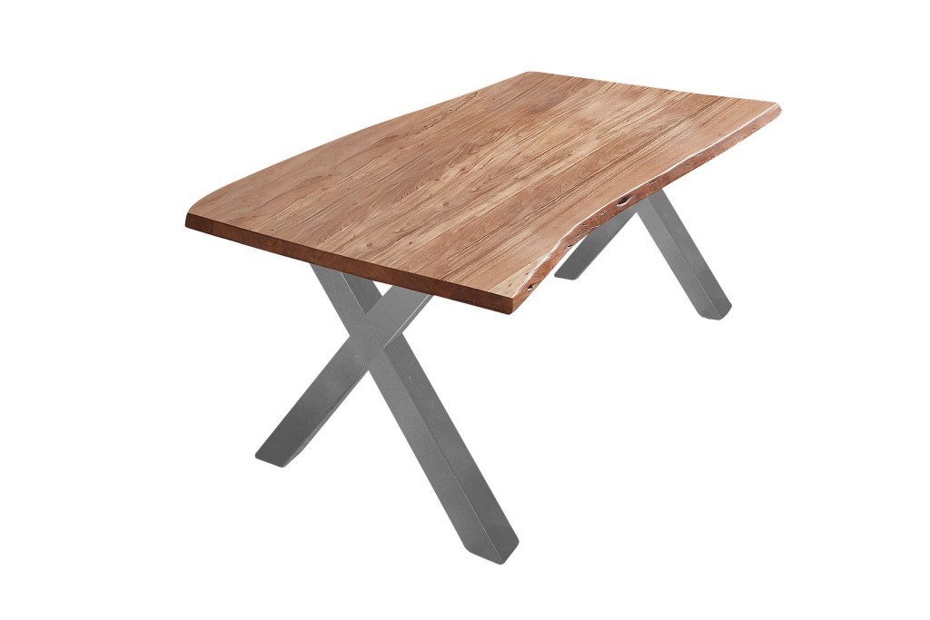 Esstisch Baumkante massiv Akazie natur 180 x 90 X-Gestell silber XANTEN