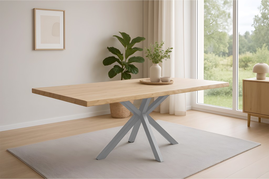 Esstisch Baumkante Akazie naturfarben 200 x 100 cm Spider-Gestell silber HARLEY