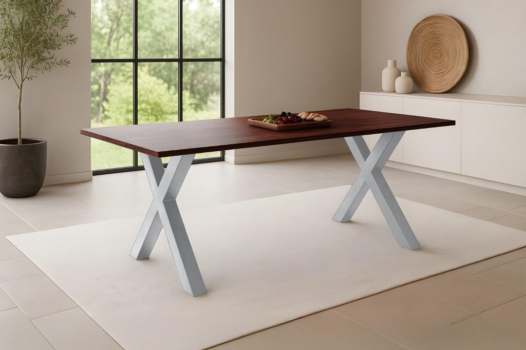Esstisch 180x90cm Akazie massiv kastanienfarben schweizer Kante X-Gestell silber RITA