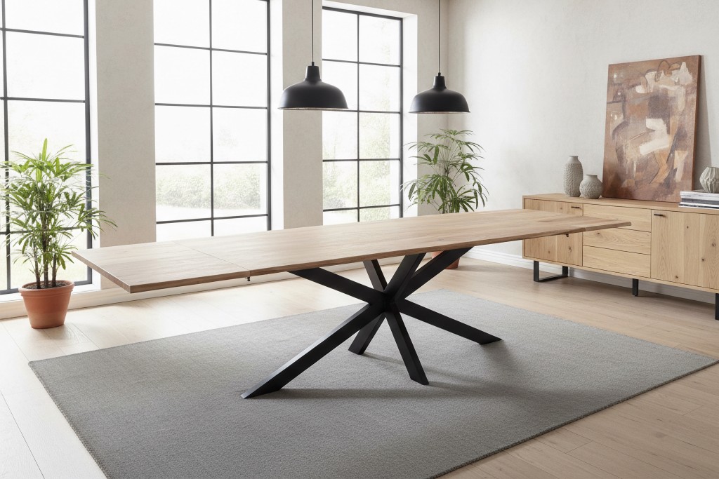 Esstisch Baumkante Akazie natur 220(320)x100 Ansteckplatten Spider-Gestell schwarz AVINO