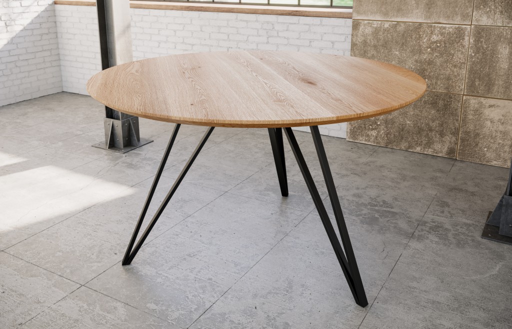Runder Esszimmertisch massiv Eiche Schweizer Kante 90 cm Hairpin schwarz DREAM