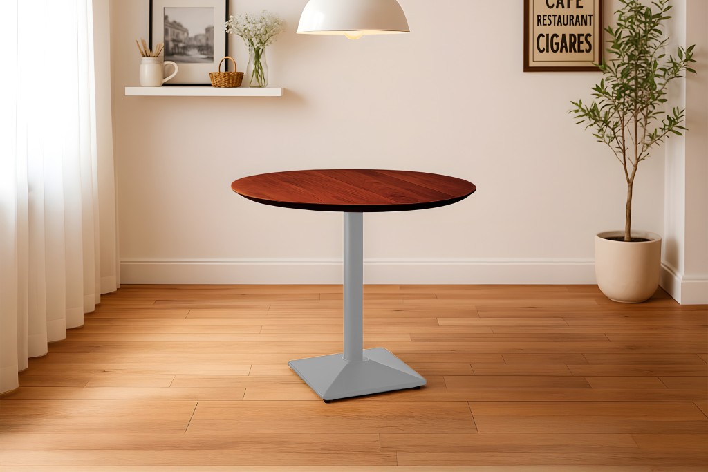 Bistrotisch Schweizer Kante massiv Akazie nussbaumfarben 90 cm Säulengestell-eckig silber BRASILIA