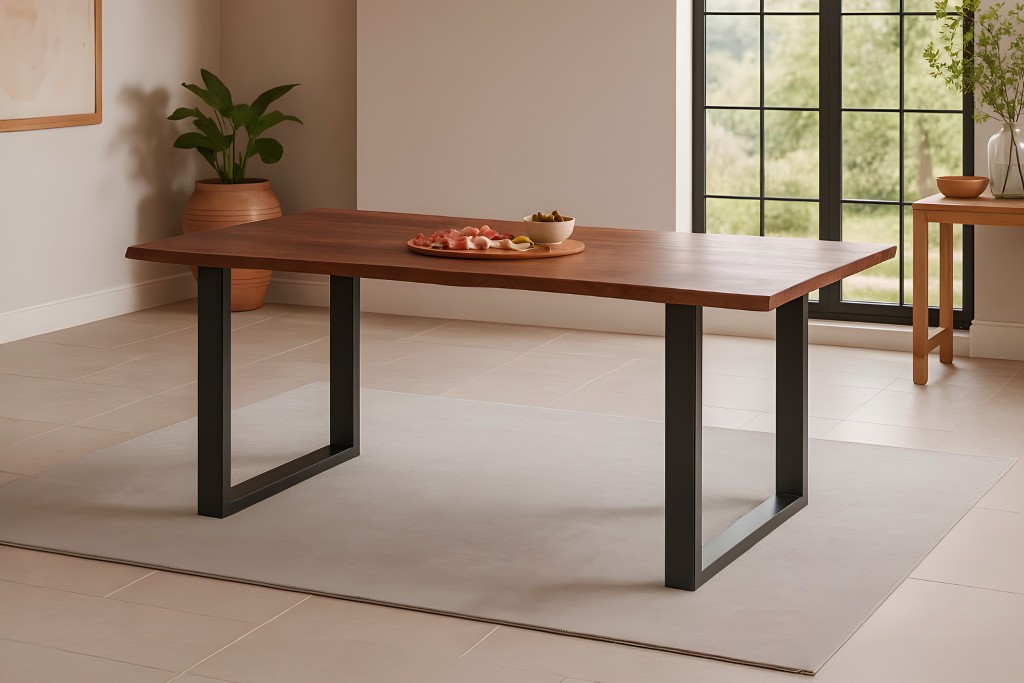 Esstisch Baumkante massiv Akazie kastanienfarben 180 x 90 cm U-Gestell schwarz Roxana