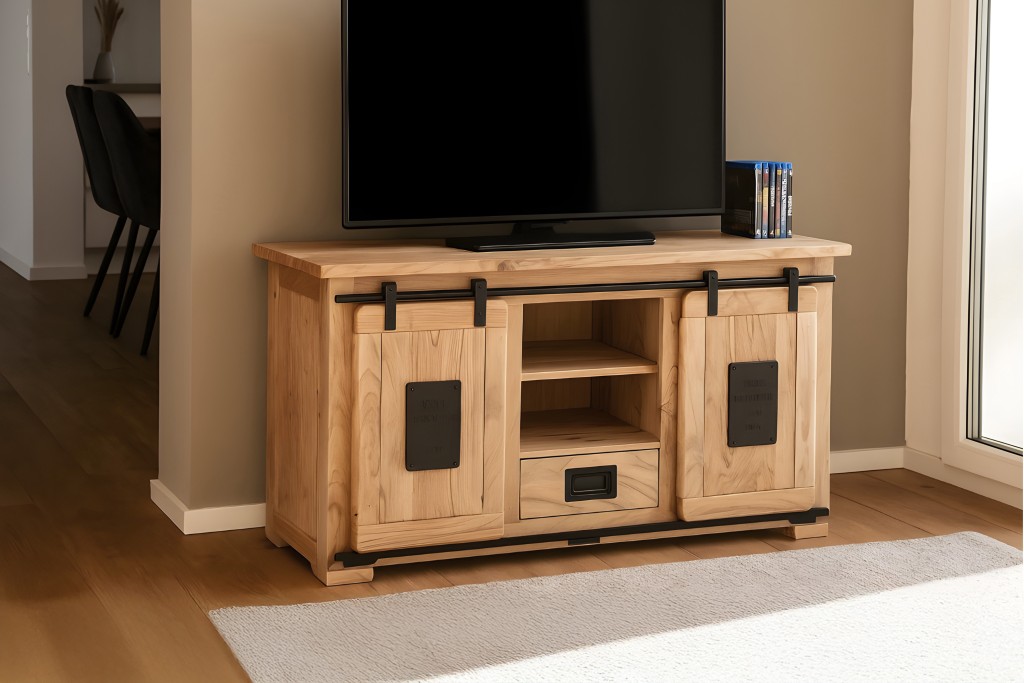 Lowboard Kommode TV-Board mit Schiebetüren, Schubfach & 6 Fächern Akazie massiv natur 128 x 45 x 70 cm LIBRO