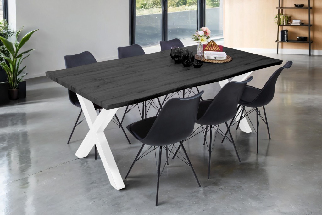 Esstisch Baumkante Holz-Optik Grau 200 x 100 X-Gestell weiß JOSY