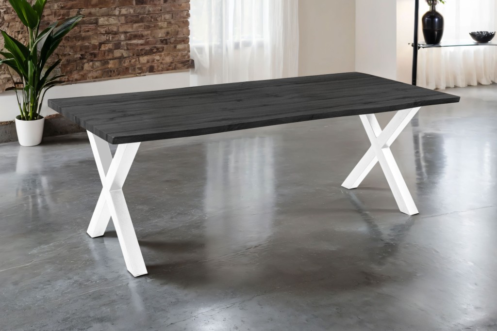 Esstisch Baumkante Holz-Optik Grau 220 x 100 X-Gestell weiß JOSY