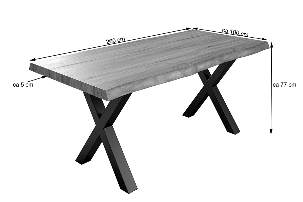 Esstisch Baumkante massiv Akazie natur 260 x 100 silber X-Gestell XEREZ