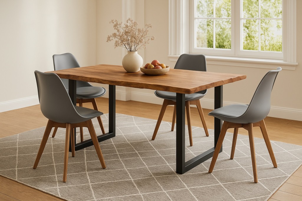 Essgruppe Baumkante massiv 120 x 80 cm Akazie naturfarben U-Gestell schwarz & 4 Stühle grau QUINN