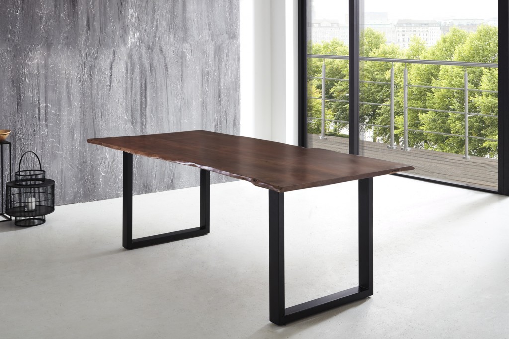 Esstisch Baumkante massiv Akazie nussbaum 220 x 100 schwarz U-Gestell LUBIN