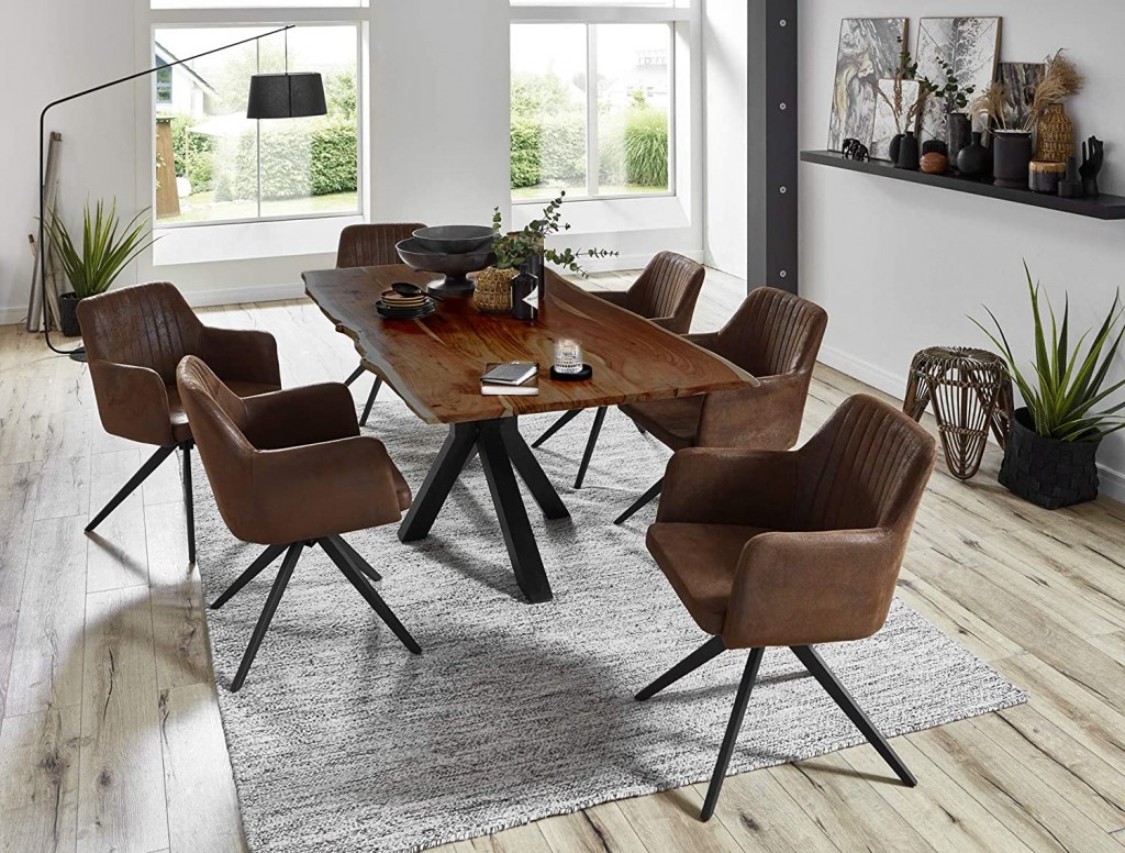 Essgruppe 120 cm Akazie nussbaumfarben Spider-Gestell schwarz mit 6 Stühlen QUINCY