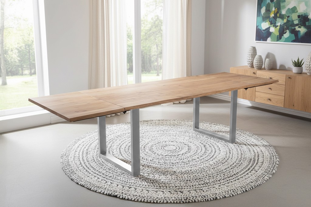 Esstisch Baumkante Akazie natur 180(280)x90 Ansteckplatten U-Gestell silber AVINO