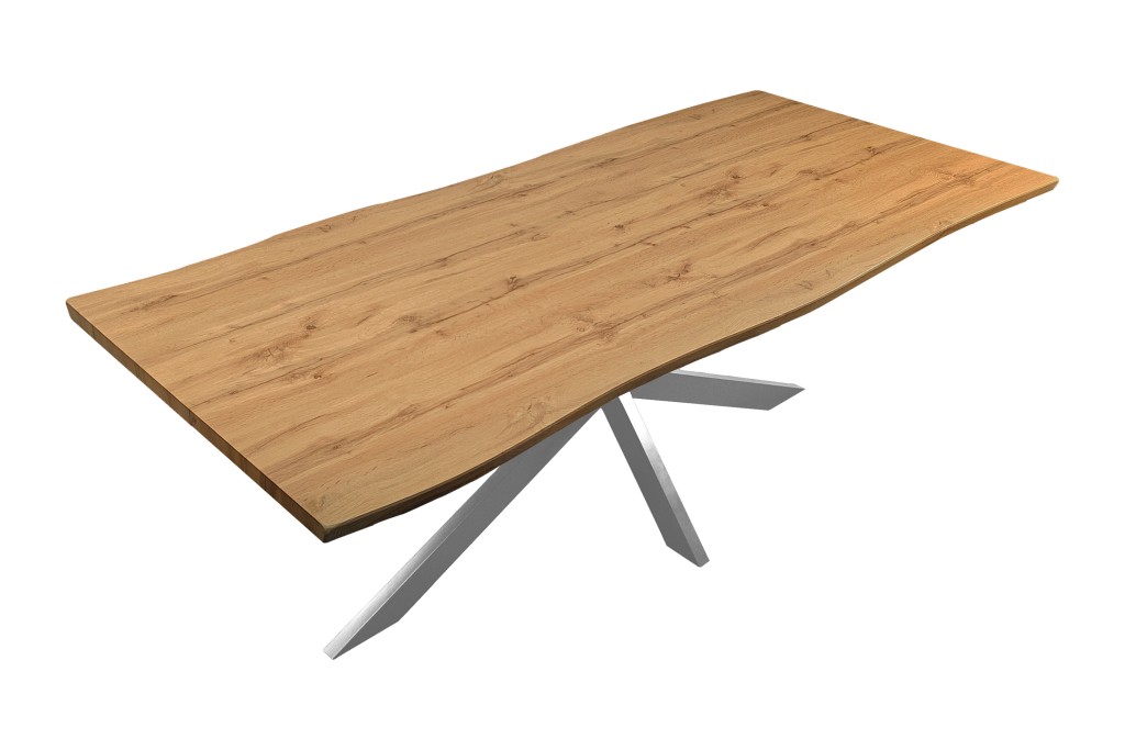 Esstisch Baumkante Holz Wildeiche-Optik 220 x 100 Spider-Gestell silber JOSY