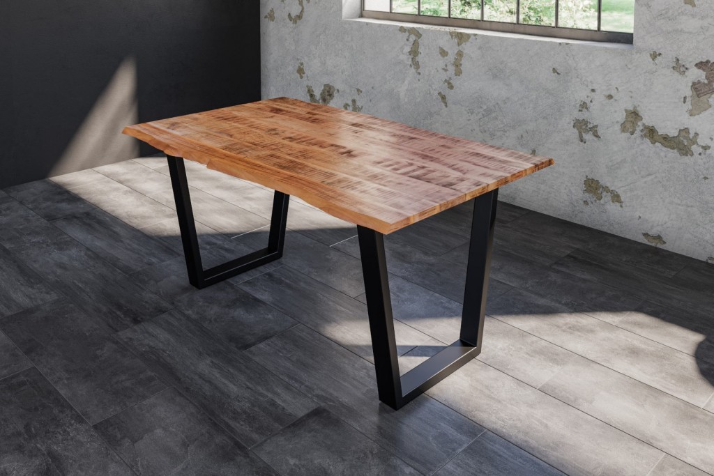 Esstisch Baumkante Massiv Mango naturfarben 140 x 80 schwarz V-Gestell DORA