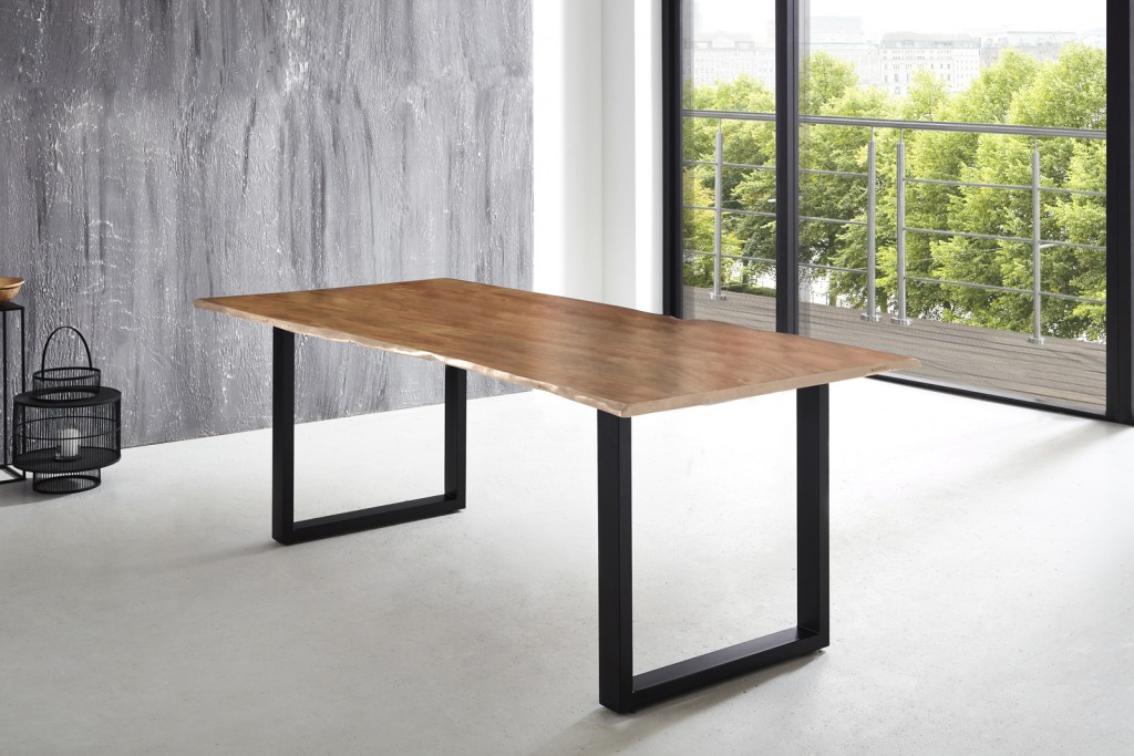 Esstisch Baumkante massiv Akazie natur 240 x 100 silber U-Gestell LUBIN