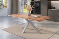 Esstisch Baumkante massiv Akazie natur 220 x 100 cm Spider-Gestell silber KALEA Esstisch Baumkante massiv Akazie natur 220 x 100 cm Spider-Gestell silber KALEA