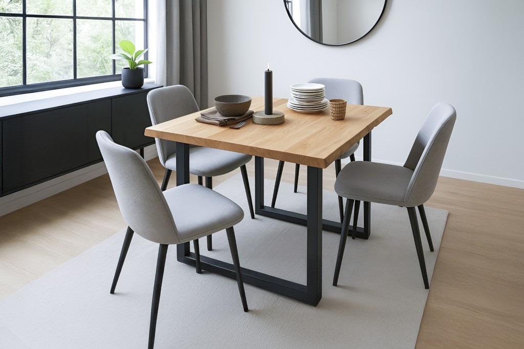Esstisch Baumkante massiv Eiche geölt 80 x 80 cm U-Gestell schwarz SALVADOR
