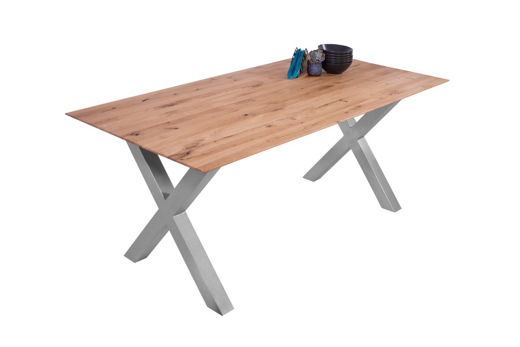 Esszimmertisch Schweizer Kante eckig massiv & geölt Eiche 160x85 silber X-Gestell Lotte