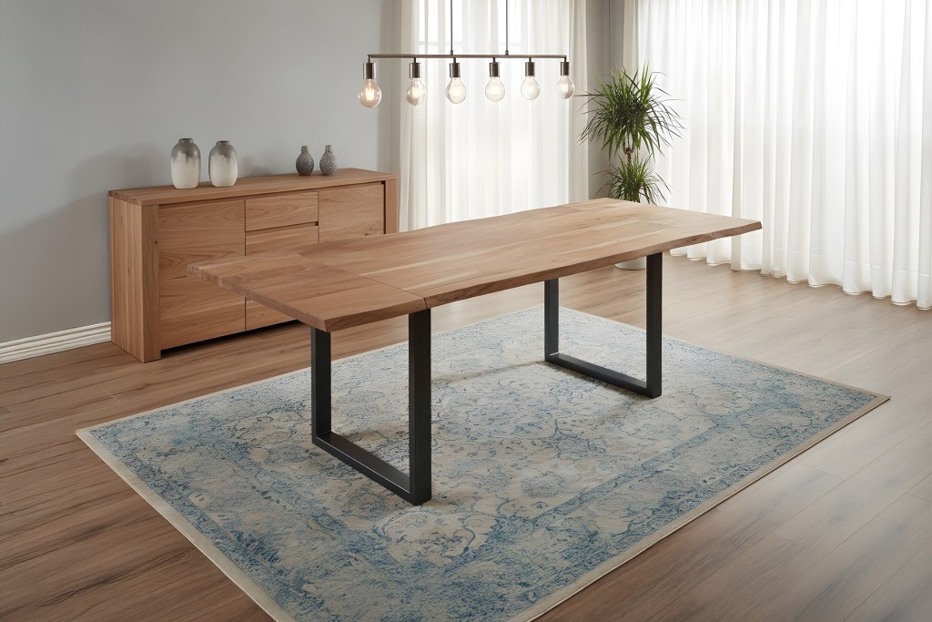 Esstisch Baumkante Akazie natur 180(280)x90 Ansteckplatten schwarz ADINA