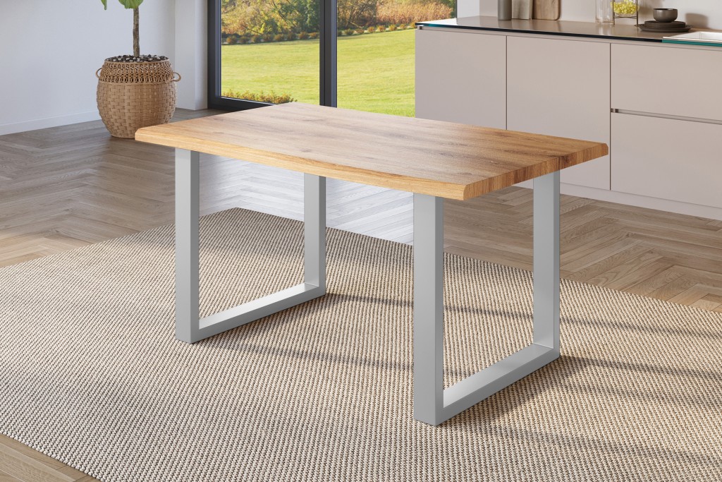 Esstisch Baumkante Holz-Optik Wildeiche 120 x 80 U-Gestell silber JULIUS