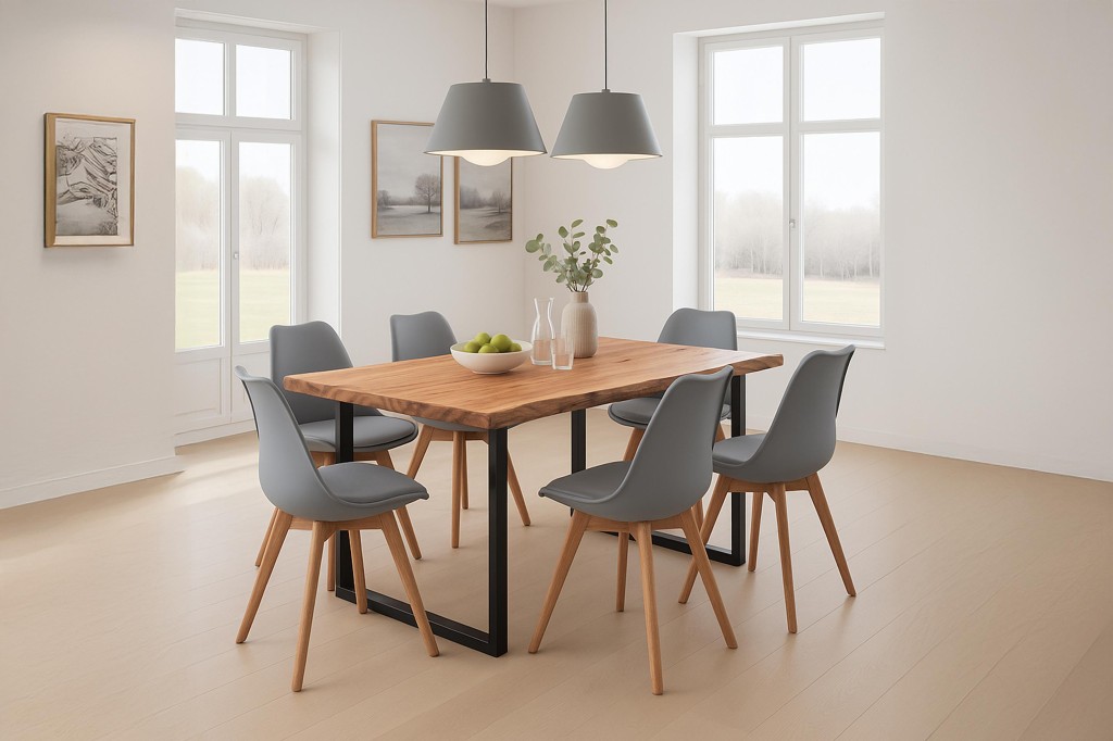 Essgruppe Baumkante massiv 220 x 100 cm Akazie naturfarben U-Gestell schwarz & 6 Stühle grau QUINN
