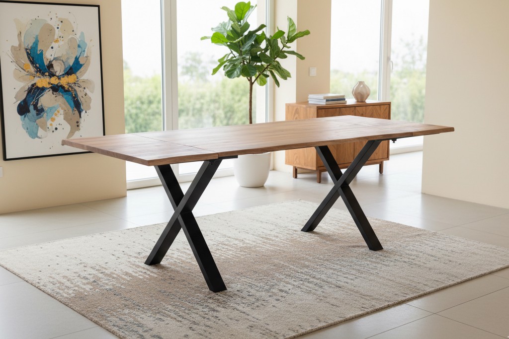 Esstisch Baumkante Akazie natur 120(200)x90 Ansteckplatten X-Gestell schwarz AVINO