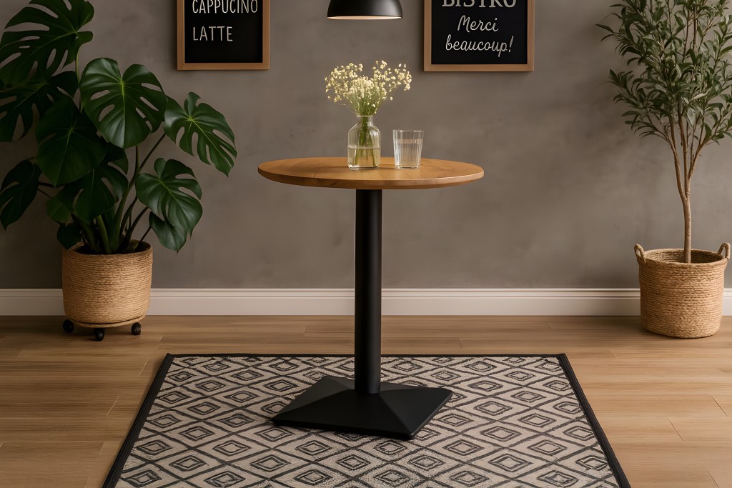 Bistrotisch Schweizer Kante massiv Akazie naturfarben 60 cm Säulengestell-eckig schwarz BRASILIA