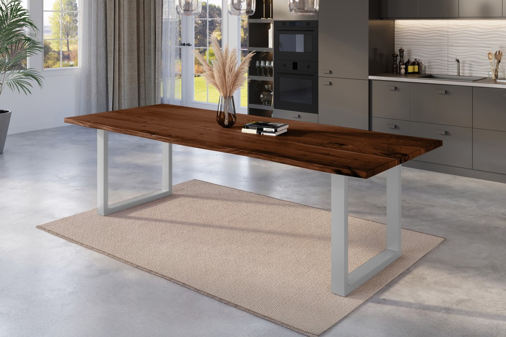 Esstisch Baumkante massiv Akazie nussbaum 280 x 100 U-Gestell silber NICK