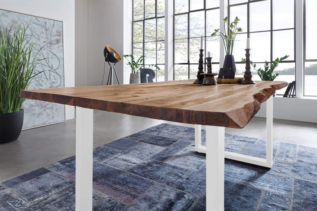 Esstisch Baumkante massiv Akazie natur 140 x 80 weiß NOAH