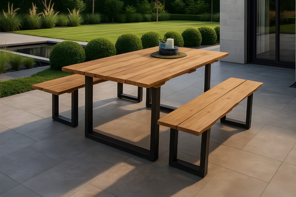 Gartengruppe 3tlg Gartentisch Teak 180 x 90 cm U-Gestell schwarz mit 2 Gartenbänken BOGOTA