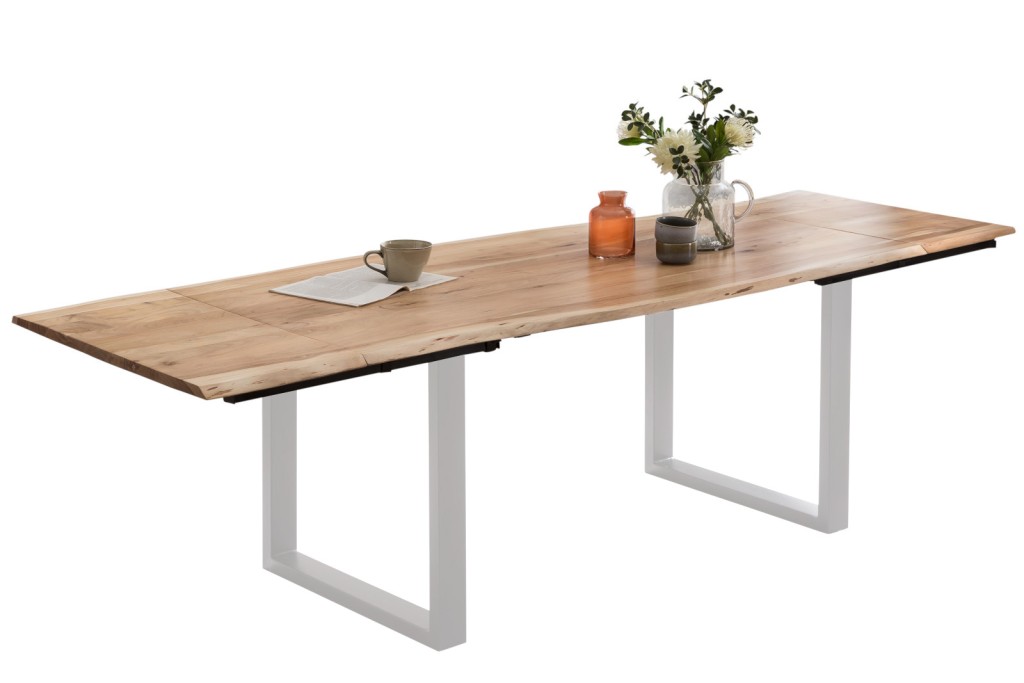 Esstisch Baumkante Akazie natur 220(320)x100 Ansteckplatten silber PAULO