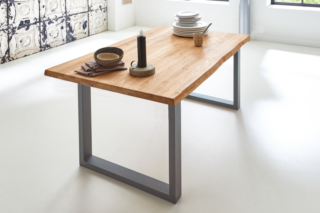 Esstisch Baumkante Massiv Wildeiche 160 x 85 silber grau SESSA