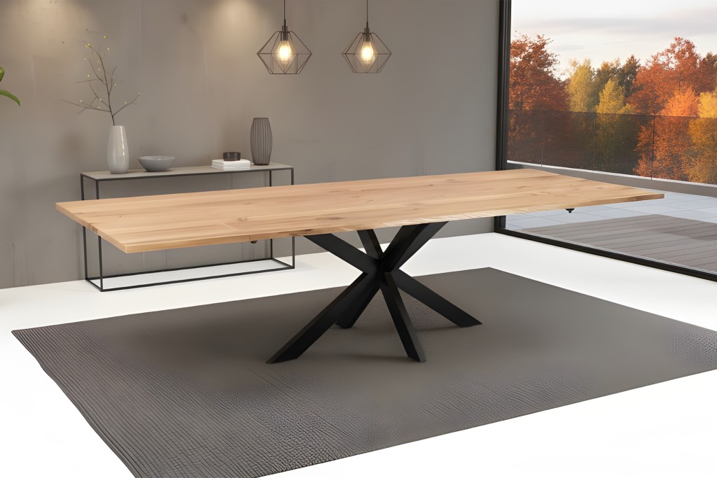 Esstisch Baumkante massiv Eiche 200 (300) x 100 Ansteckplatten Spider-Gestell schwarz SESSA